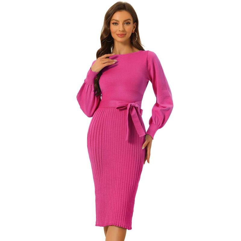 アレグラ ケー レディース トップス ワンピース クルーネック プリーツ セーター ニット ALLEGRA K Women's Knit Beltedress Crew Neck Lantern Sleeves Casual Pleated Sweater Dresses Hot Pink ピンク