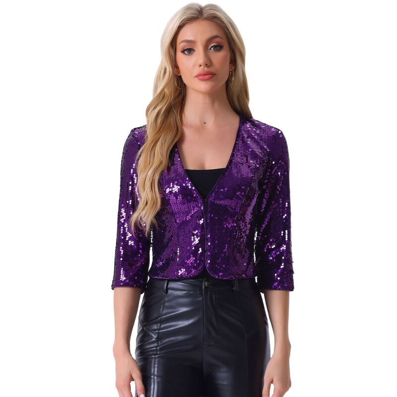 アレグラ ケー レディース アウター 上衣・上衣 スパンコール スポーツジャケット ALLEGRA K Women\u0027sequin Shrug 3/4 Sleeve Open Front Glitter Sparkly Short Blazer Jackets Dark Purple パープル