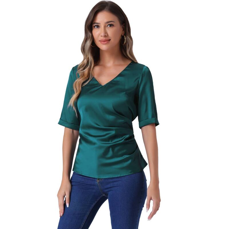 アレグラ ケー レディース トップス Tシャツ Vネック ギャザー サテン ブラウス ALLEGRA K Satin Blouse for Women V-Neck Short Sleeve Tie Waist Ruched Elegant Work Tops Blue Green ブルー