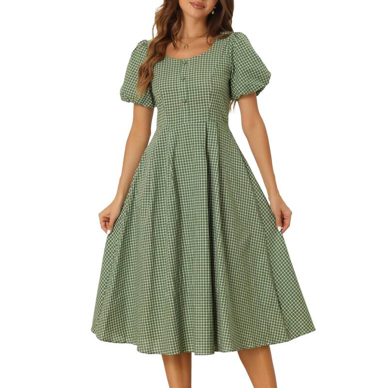 アレグラ ケー レディース トップス 衣装 筋目 マキシ ALLEGRA K Plaid Maxi Dress For Women\u0027summer Pleated Back Button Decor Puffy Sleeve Dresses Green 緑であること