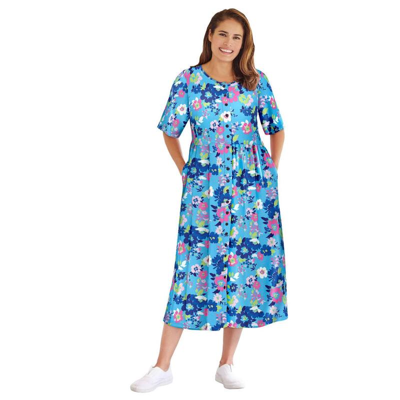 ウーマン ウィズイン レディース トップス ワンピース プラスサイズ プチ Woman Within Plusize Petite Button-Front Essential Dress Paradise Blue Multi ブルー
