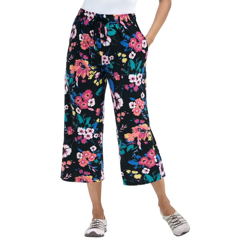 ウーマン ウィズイン レディース ボトムス カジュアルパンツ プラスサイズ プチ キャップ ニット Woman Within Plusize Petite Sport-Knit Pull-On Capri Pants Black Multi Floral ブラック