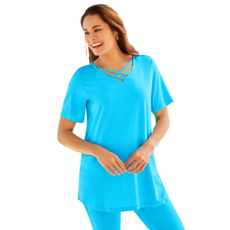 ウーマン ウィズイン レディース トップス Tシャツ プラスサイズ Woman Within Plusize Criss Cross Tee Paradise Blue ブルー|ReVida 店