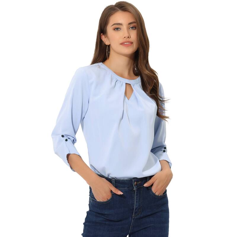 アレグラ ケー レディース トップス シャツ シフォン プリーツ ギャザー ブラウス ALLEGRA K Women's Work Office Keyhole Pleated Front Ruched 3/4 Sleeve Shirt Chiffon Blouse Light Blue ブルー