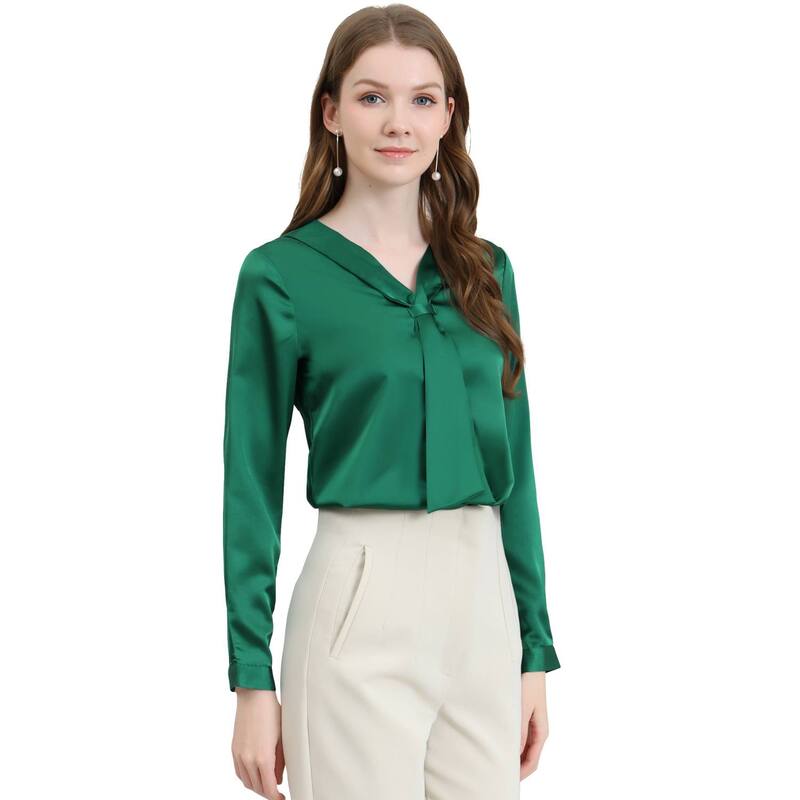 アレグラ ケー レディース トップス プルオーバー 繻子 ALLEGRA K Women\u0027satin Tie Neck Long Sleeve Solid Color Elegant Office Work Shirtop Dark Green 緑であること