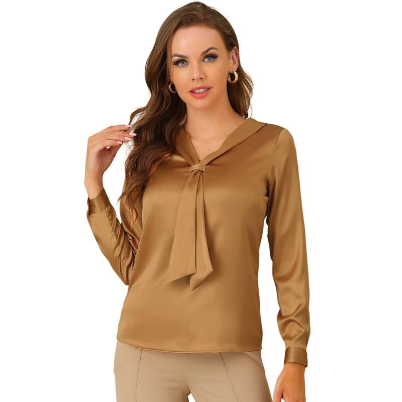 アレグラ ケー レディース トップス プルオーバー 繻子 ALLEGRA K Women\u0027satin Tie Neck Long Sleeve Solid Color Elegant Office Work Shirtop Khaki カーキ