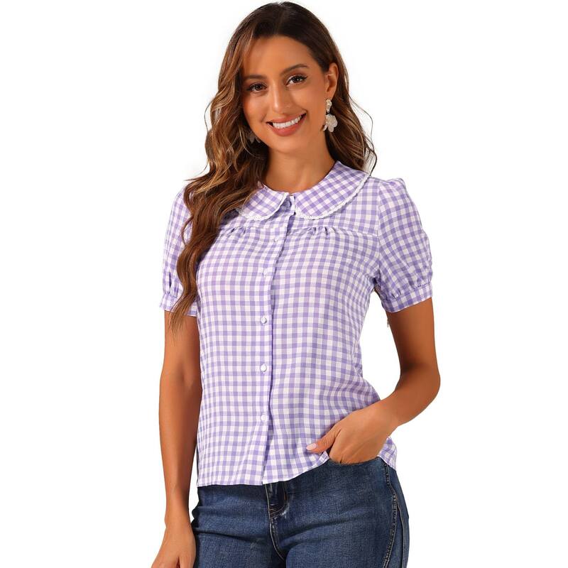 アレグラ ケー レディース トップス プルオーバー 対照 トップ ALLEGRA K Women\u0027s Contrast Peter Pan Collar Blouse Short Sleeve Plaid Shirtopurple パープル