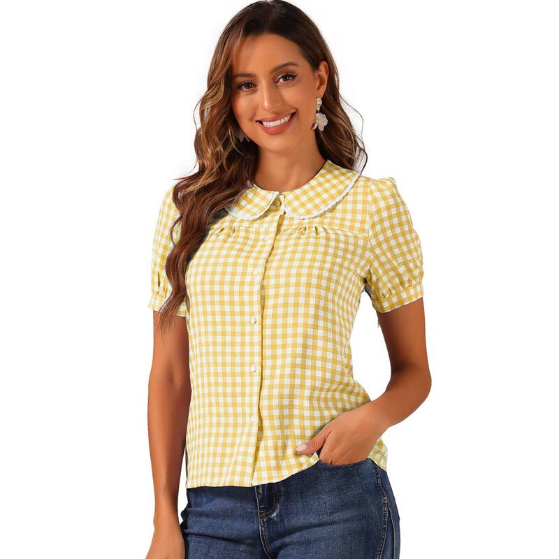 アレグラ ケー レディース トップス プルオーバー 対照 トップ ALLEGRA K Women\u0027s Contrast Peter Pan Collar Blouse Short Sleeve Plaid Shirtop Yellow 黄色