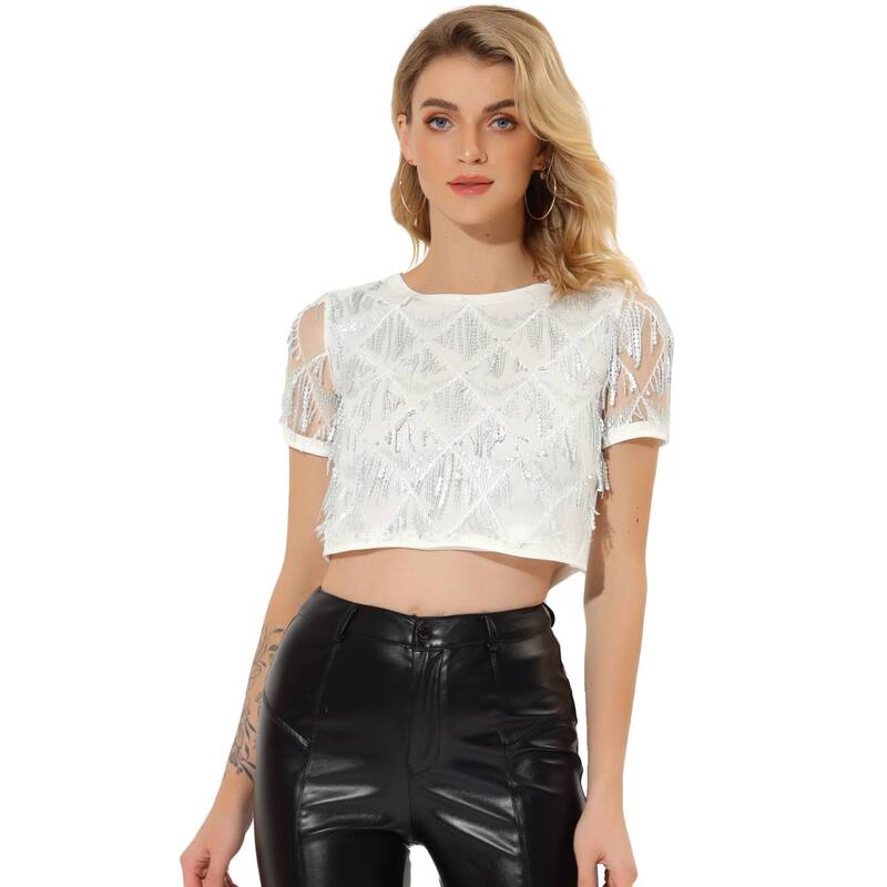 アレグラ ケー レディース トップス シャツ トール ALLEGRA K Women Metallic Pattern Short Sleeves Party Crop T-shirt Silver White ホワイト