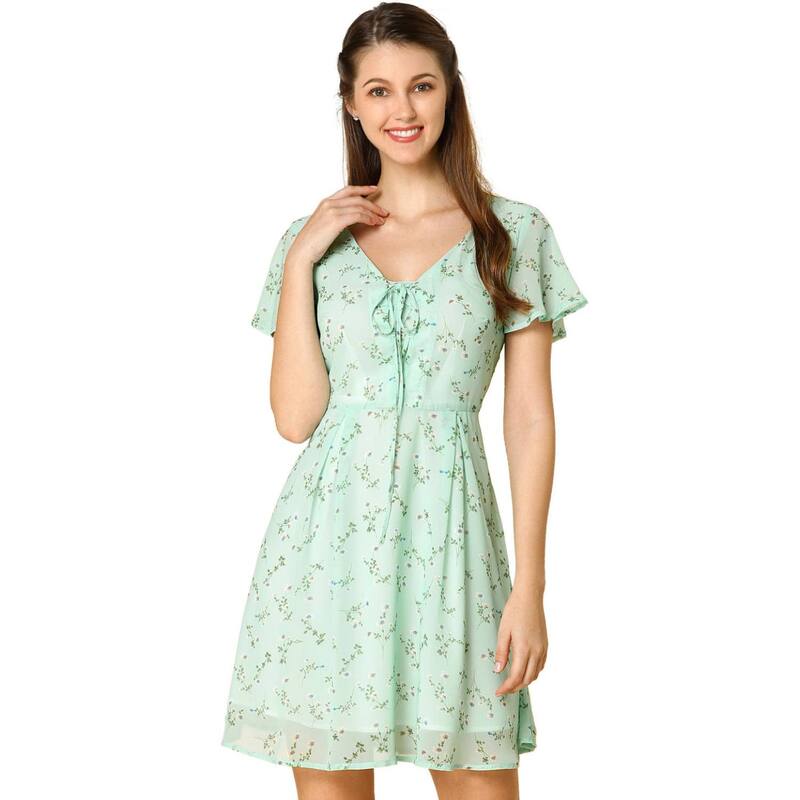 アレグラ ケー レディース トップス ワンピース シフォン フラワー柄 レース フラワー ALLEGRA K Women's Floralace-up Chiffon Dress Light Green グリーン