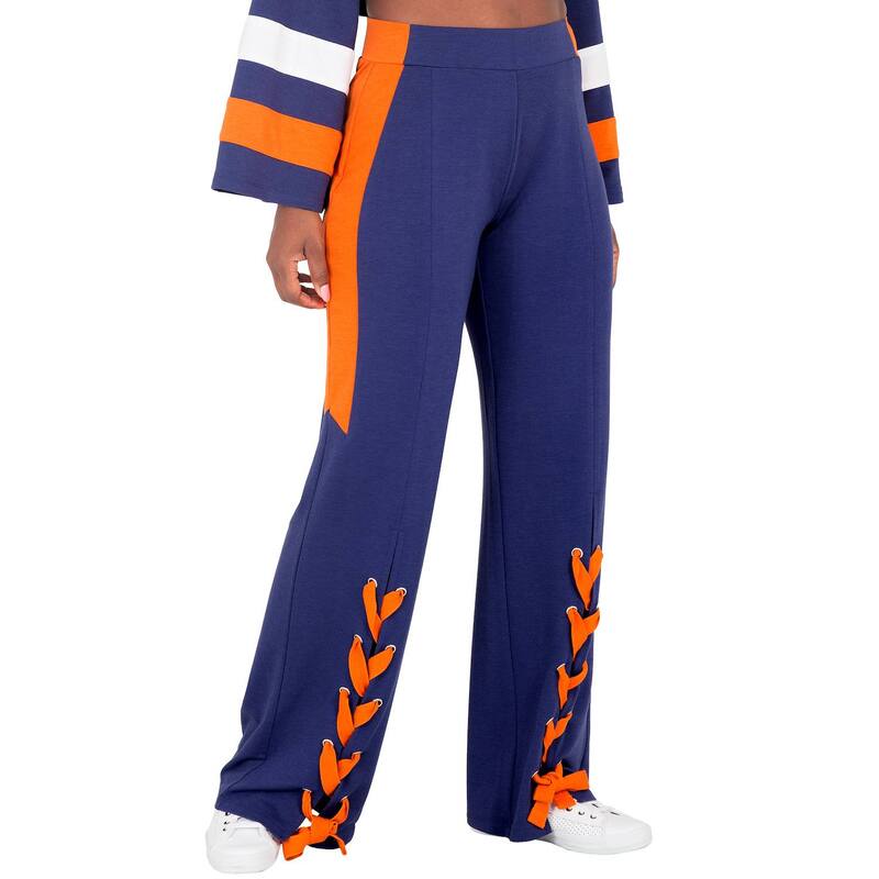 ポエティック ジャスティス レディース ボトムス カジュアルパンツ レース Poetic Justice Vilma Curvy Fit Mid-Rise Flared Pants with Lace Up Hem Navy Orange ネイビー