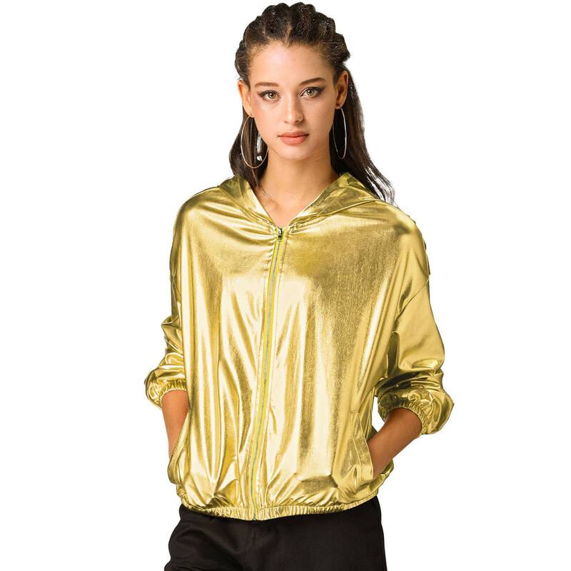 アレグラ ケー レディース アウター ジャケット・ブルゾン トール ALLEGRA K Women'shiny Long Sleeve Zipper Hooded Metallic Jacket Gold ゴールド