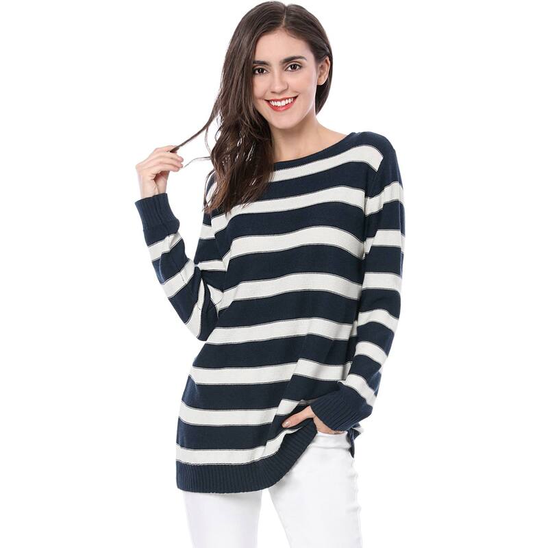 アレグラ ケー レディース トップス Tシャツ ドロップショルダー セーター ALLEGRA K Women's Round Neck Long Sleeves Drop Shoulder Loose Striped Tunic Sweater Blue ブルー