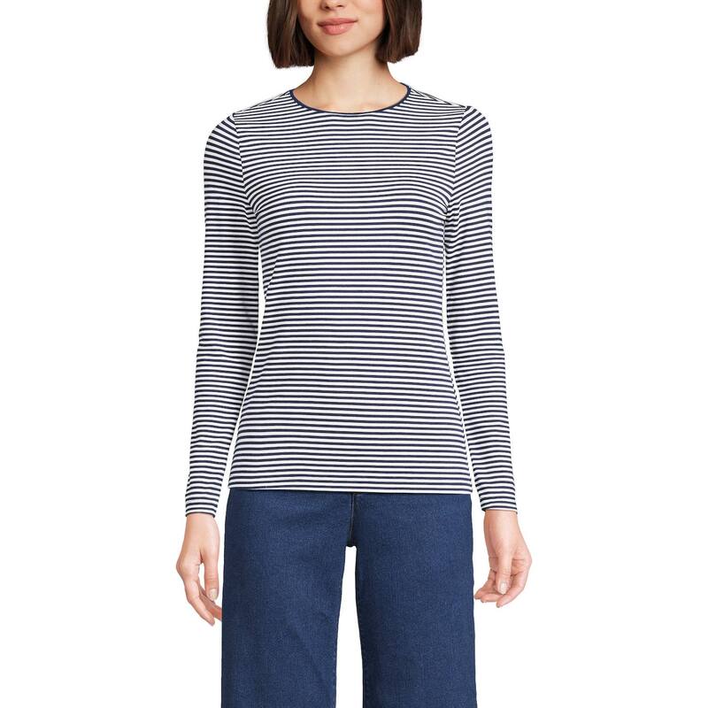 ランズエンド レディース トップス Tシャツ クルーネック Lands' End Women's Lands ’ End Long Sleeve Crewneck Top Navy White Stripe ホワイト