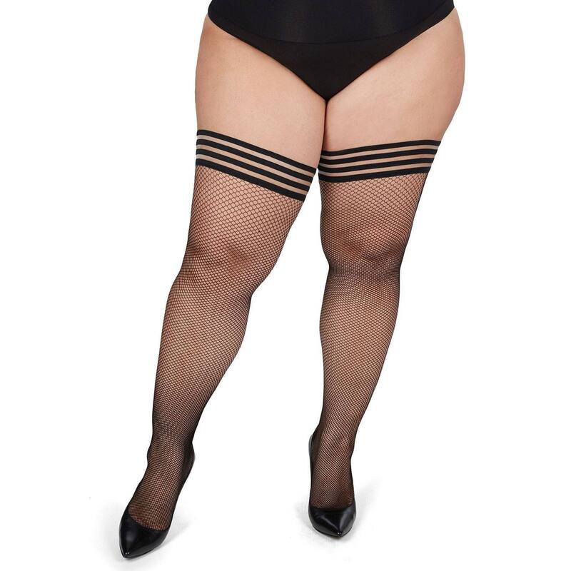 メモイ レディース アンダーお召しもの ソックス 足し加える大きさ MeMoi Plusize Curvy Backseam Fishnethigh Stocking Black Red 黒いこと