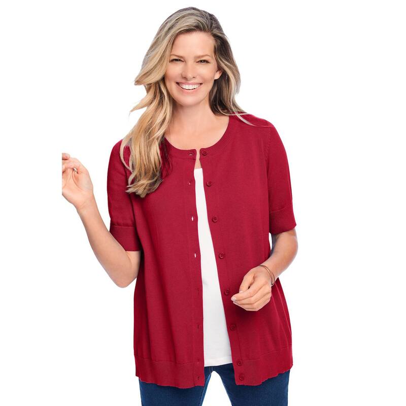 ウーマン ウィズイン レディース アウター ニット・セーター プラスサイズ カーディガン Woman Within Plusize Perfect Elbow-Length Sleeve Cardigan Sweater Classic Red レッド|ReVida 店