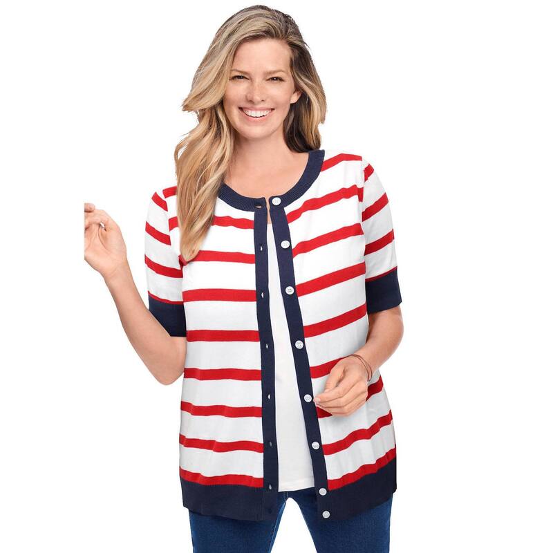 ウーマン ウィズイン レディース アウター ニット・セーター プラスサイズ カーディガン Woman Within Plusize Perfect Elbow-Length Sleeve Cardigan Sweater Vivid Red Stripe レッド|ReVida 店
