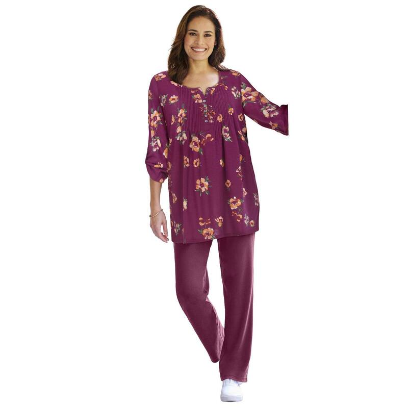 成人女性 ウィズはたご屋 レディース トップス プルオーバー 足し加える大きさ Woman Within Plusize 7-Day Three-Quarter Sleeve Pintucked Henley Tunic Deep Claret Magnolia