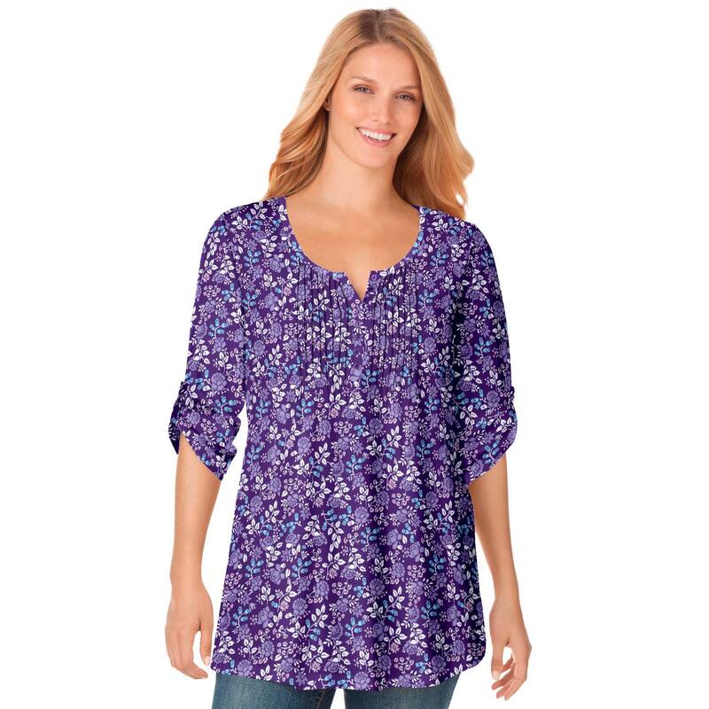 成人女性 ウィズはたご屋 レディース トップス プルオーバー 足し加える大きさ Woman Within Plusize 7-Day Three-Quarter Sleeve Pintucked Henley Tunic Radiant Purple Flower パープル