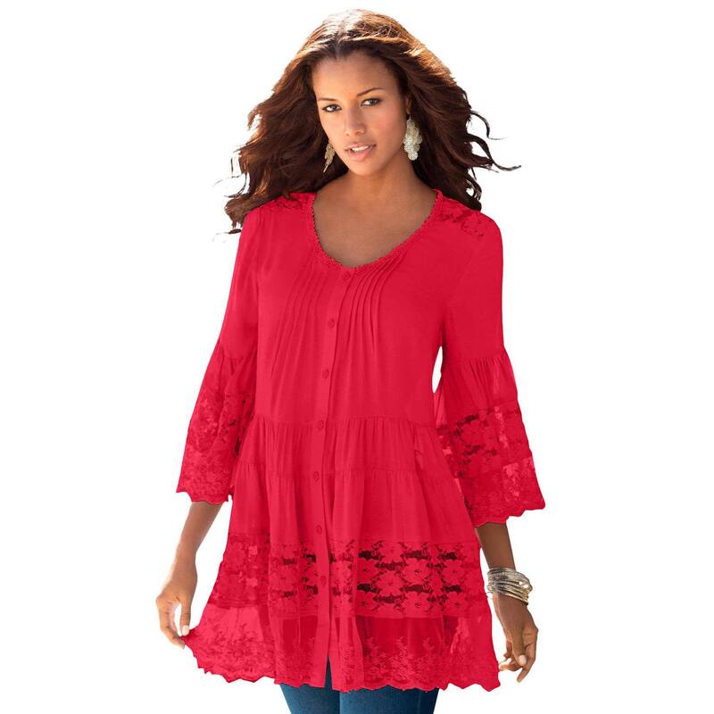 ロアマンズ レディース トップス Tシャツ プラスサイズ ブラウス レース Roaman's Women's Plusize Lace Illusion Blouse Vivid Red レッド｜ReVida 店