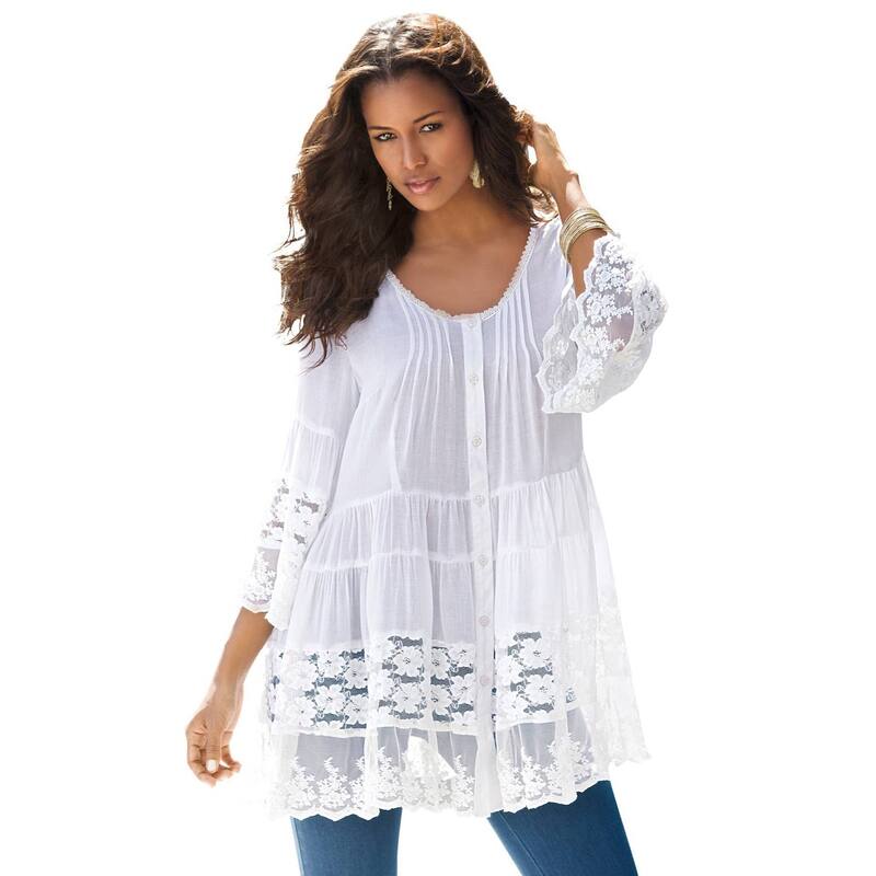 ロアマンズ レディース トップス Tシャツ プラスサイズ ブラウス レース Roaman's Women's Plusize Lace Illusion Blouse White ホワイト