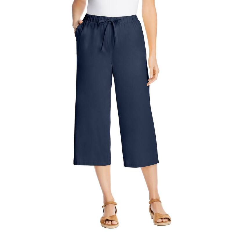 ウーマン ウィズイン レディース ボトムス カジュアルパンツ プラスサイズ プチ デニム キャップ Woman Within Plusize Petite Drawstring Denim Capri Navy ネイビー