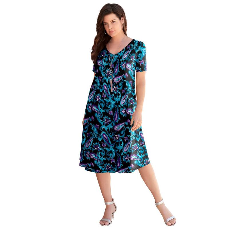 ロアマンズ レディース トップス ワンピース プラスサイズ Roaman's Women's Plusize Short Sleeve Swing Dress Black Ikat Paisley ブラック