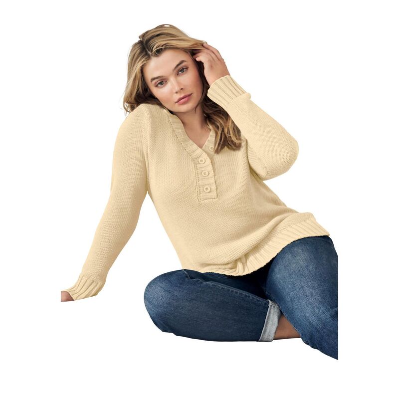 Ellos レディース アウター ニット・セーター プラスサイズ ellos Plusize Button Y-Neck Sweater Soft Butter