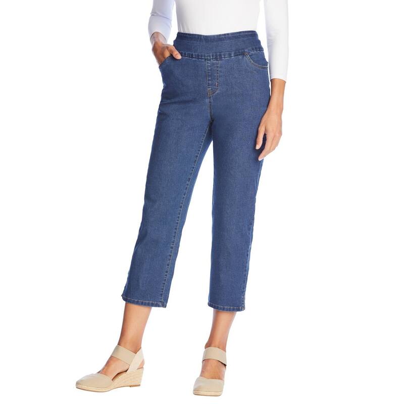 ウーマン ウィズイン レディース ボトムス カジュアルパンツ プラスサイズ プチ デニム キャップ ジーンズ Woman Within Plusize Petite Pull-On Elastic-Waistretch Denim Capri Jeans Medium Stonewash デニム｜ReVida 店