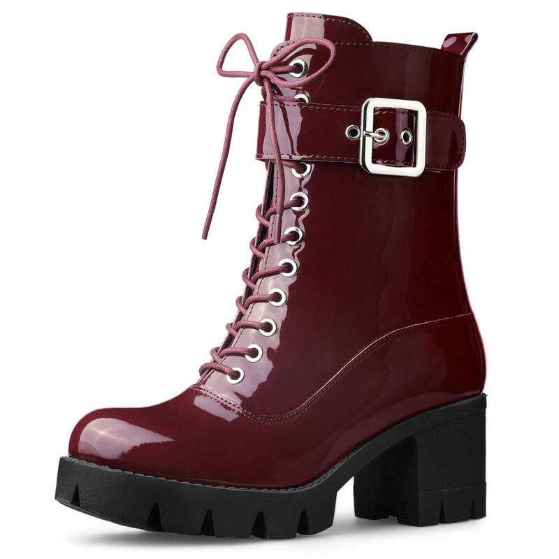 アレグラ ケー レディース シューズ ブーツ・レインブーツ プラットフォーム ヒール ALLEGRA K Women's Ziplatform Chunky Heel Combat Boots Burgundy バーガンディ