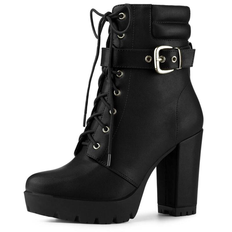 アレグラ ケー レディース シューズ ブーツ・レインブーツ プラットフォーム アンクル レース ヒール ALLEGRA K Women's Platform Ankle Boots Lace Up Block Heels Combat Boots Black ブラック