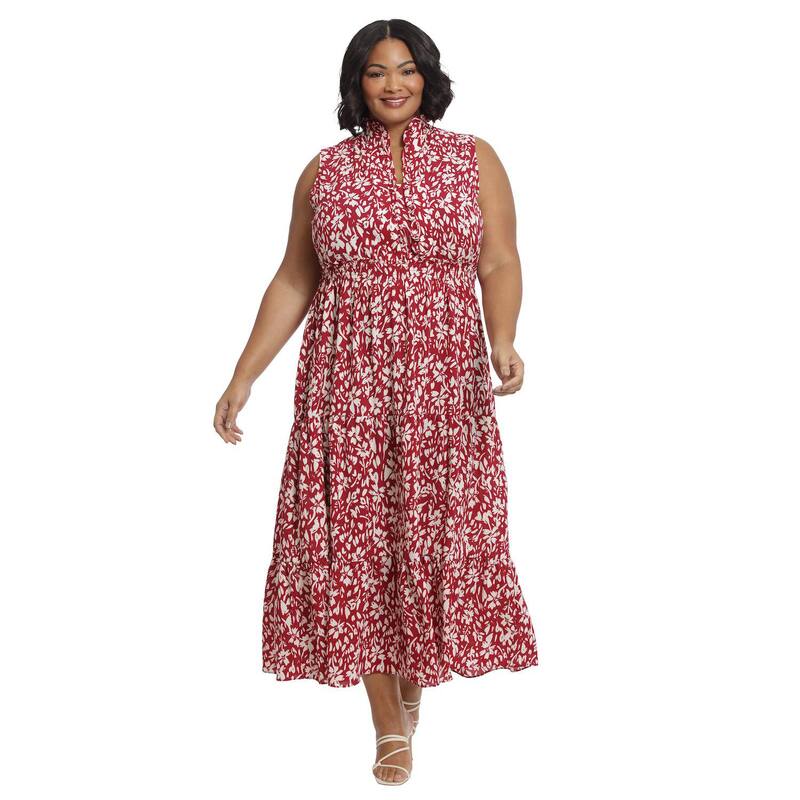 ロンドンタイムス レディース トップス ワンピース プラスサイズ フリル マキシ Plusize London Times Ruffle Neck Maxi Dress Red Ivory アイボリー|ReVida 店