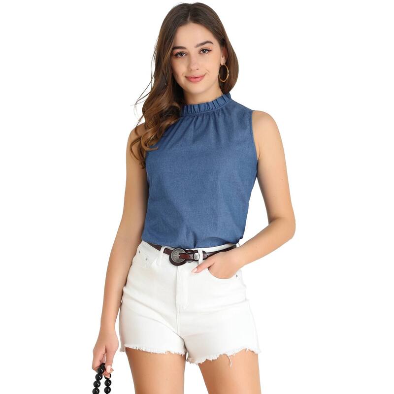 アレグラ ケー レディース トップス シャツ モックネック フリル ノースリーブ デニム ブラウス ALLEGRA K Women's Denim Sleeveless Top Frill Mock Neck Ruffle Chambray Blouse Blue ブルー