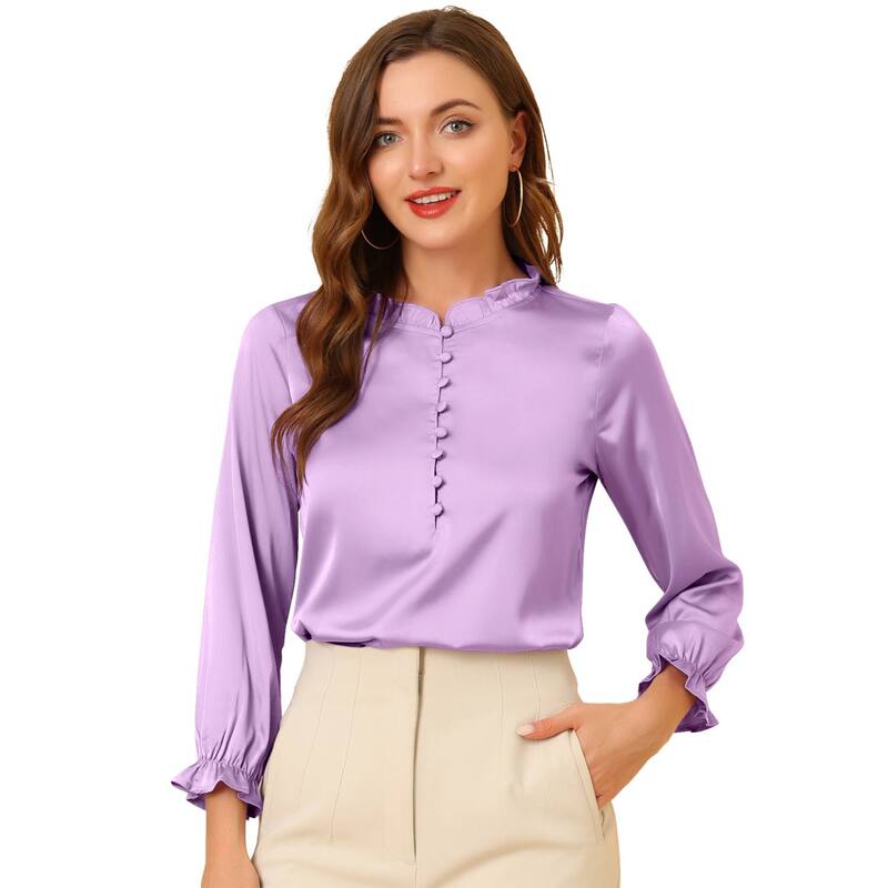 アレグラ ケー レディース トップス シャツ フリル サテン ブラウス ALLEGRA K Women Ruffle Neck Bubble Sleevelasticuff Button Work Office Satin Blouse Lavender ラベンダー