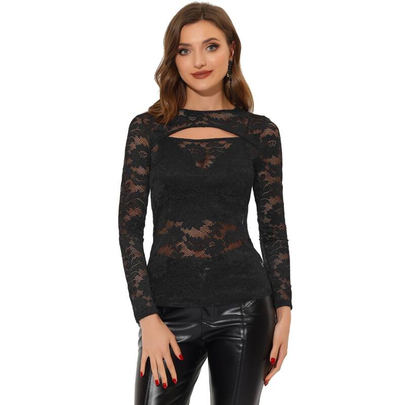 アレグラ ケー レディース トップス シャツ セミシアー カットアウト シアー レース ALLEGRA K See Through Top For Women's Cut Out Long Sleeve Semi Sheer Fitted Lace Top Black ブラック