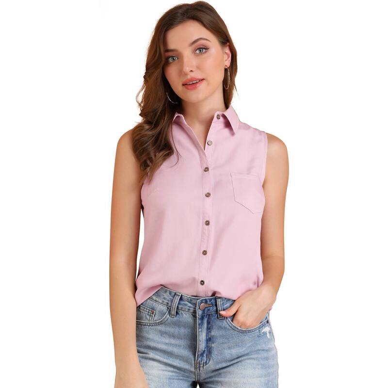 アレグラ ケー レディース トップス シャツ ノースリーブ ALLEGRA K Women's Point Collar Single Breasted Sleevelesshirt Pink ピンク