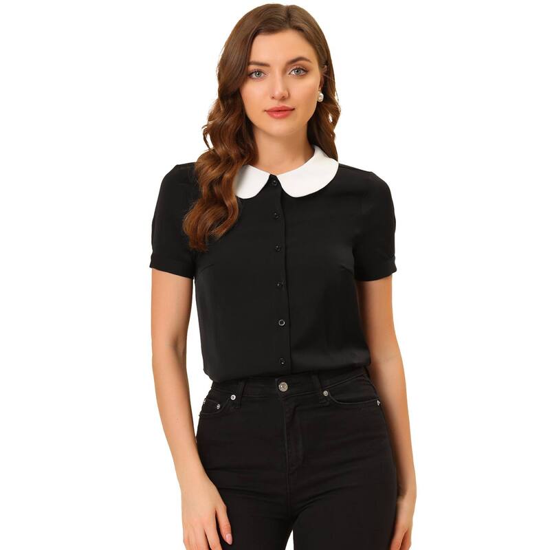 アレグラ ケー レディース トップス シャツ コントラスト ブラウス ALLEGRA K Women's Work Office Contrast Peter Pan Collar Short Sleeve Blouse Shirt Black ブラック|ReVida 店