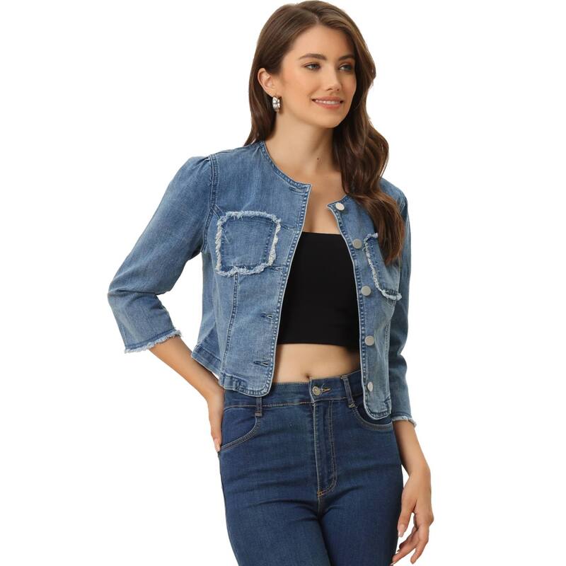 アレグラ ケー レディース アウター 上衣・上衣 ジーンズ ALLEGRA K Denim Crop Jacket For Women\u0027s Round Neck 3/4 Sleeves Frayed Casual Jean Jacket Blue 青み