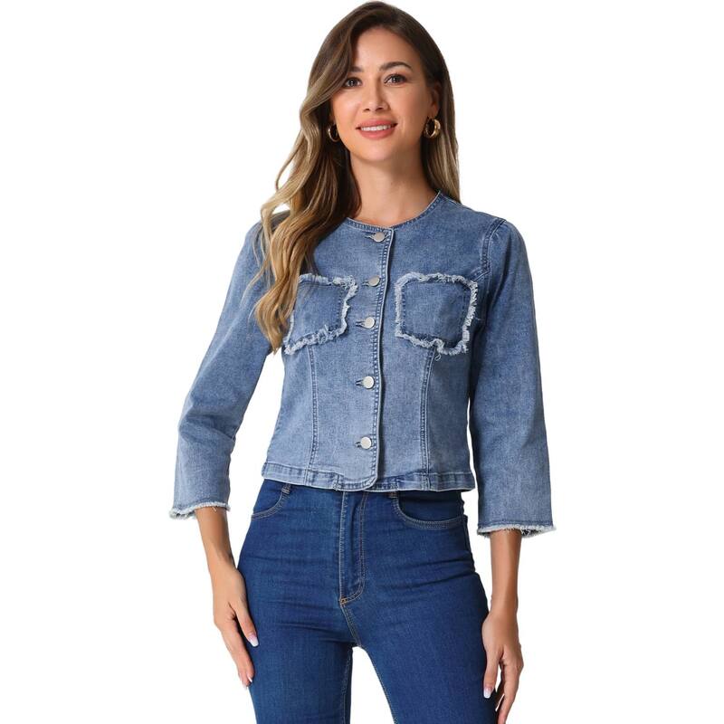 アレグラ ケー レディース アウター 上衣・上衣 ジーンズ ALLEGRA K Denim Crop Jacket For Women\u0027s Round Neck 3/4 Sleeves Frayed Casual Jean Jacket Grey Blue 薄墨色