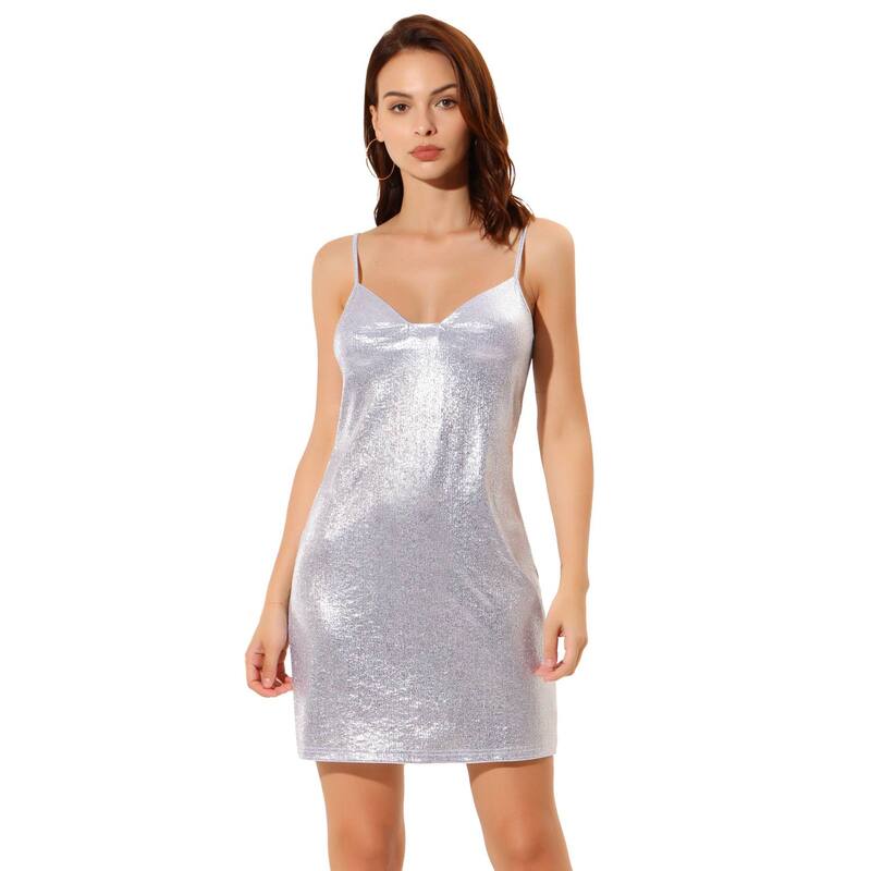 アレグラ ケー レディース トップス ワンピース ミニ トール ALLEGRA K Women's Metallic Glitter Cowl Neck Spaghetti Strapromini Dressilver シルバー｜ReVida 店