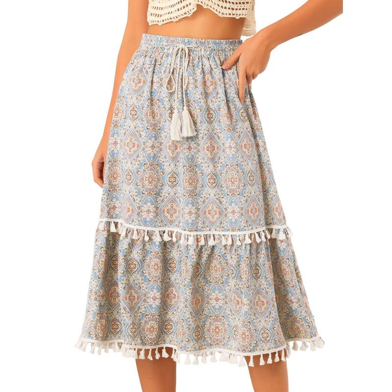 アレグラ ケー レディース ボトムスカート ヴィンテージ ティアード プリント フリンジ ALLEGRA K Women's Vintage Printed Elastic Waistiered Tassel Fringe Skirt Blue ブルー