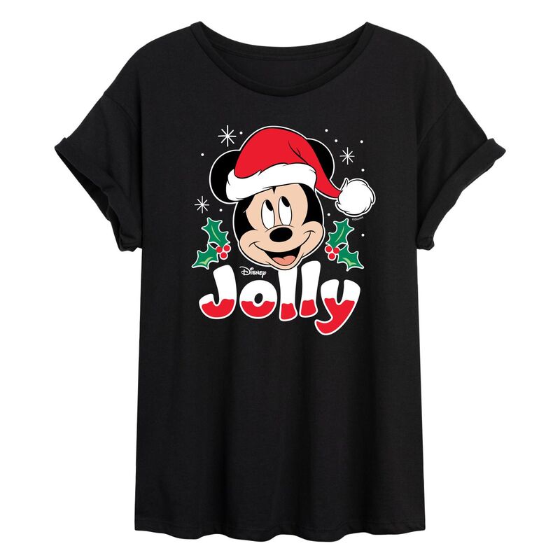 ディズニー レディース トップス Tシャツ Disney's Mickey Mouse Juniors' Jolly Christmas Oversized Tee Black ブラック