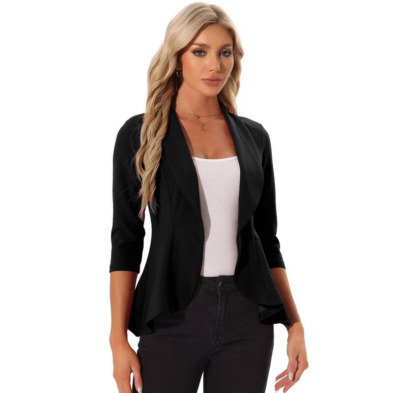 アレグラ ケー レディース アウター ジャケット・ブルゾン ドレープ フリル ブレザー ALLEGRA K Classic Open Front Blazer Jacket For Women Draped Collar 3/4 Sleeve Ruffle Jacket Outerwear Black ブラック