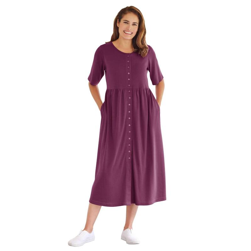 ウーマン ウィズイン レディース トップス ワンピース プラスサイズ プチ Woman Within Plusize Petite Button-Front Essential Dress Deep Claret|ReVida 店