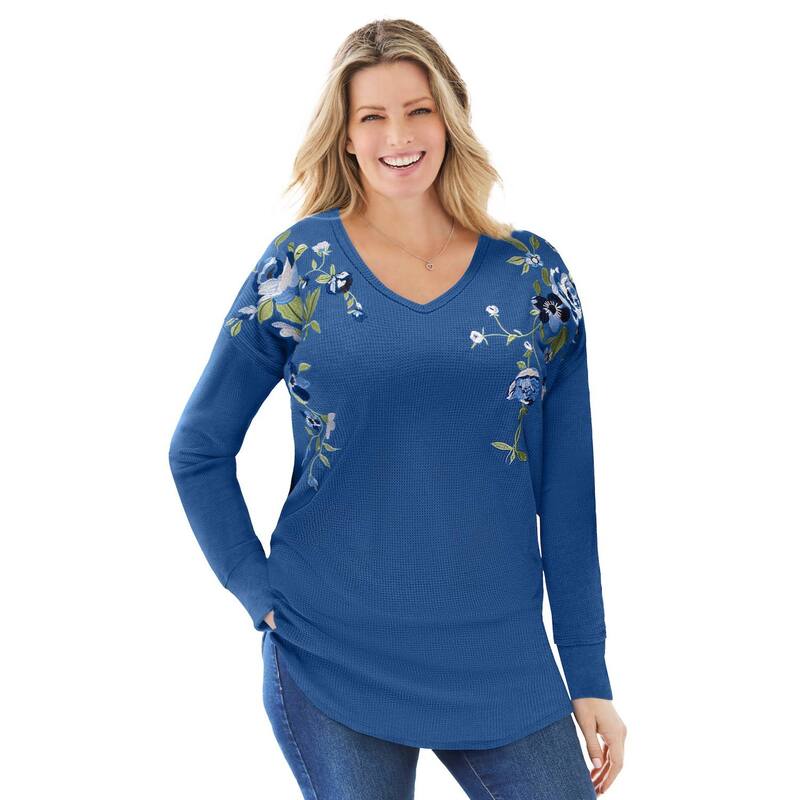 ウーマン ウィズイン レディース トップス Tシャツ Vネック プラスサイズ Woman Within Plusize Waffle Thermal V-Neck Tee Royal Navy Flower ネイビー 9,235円
