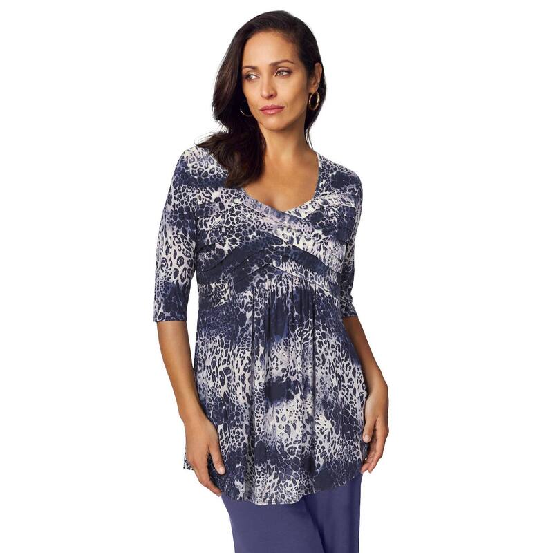 ジェシカロンドン レディース トップス Tシャツ プラスサイズ プリーツ ニット Jessica London Women's Plusize Stretch Knit Pleated Tunic Deep Dusk Print｜ReVida 店