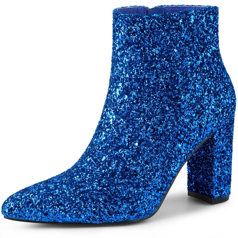 アレグラ ケー レディース シューズ ブーツ・レインブーツ アンクル ヒール ALLEGRA K Women's Glitter Pointed Toe Chunky Heel Ankle Boots Royal Blue ブルー