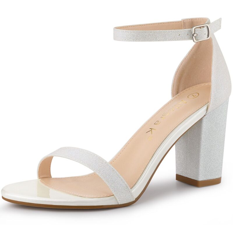 アレグラ ケー レディース シューズ パンプス サンダル アンクル ヒール ALLEGRA K Women's Glitter Ankle Strap Chunky Heelsandals White ホワイト