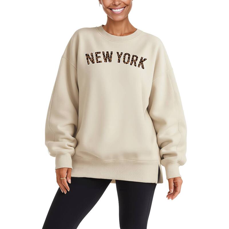 アニメキャラクター レディース アウター パーカー・スウェット プリント シャツ フリース Licensed Character Women's New York Leopard Print Oversized Fleece Crew Sweatshirt Cream クリーム 11,610円