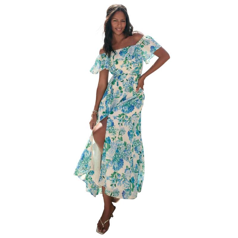 ロアマンズ レディース トップス 衣装 シフォン つけ加える大きさ フラウンス マキシ Roaman\u0027s Women\u0027s Plusize Ruffled Chiffon Maxi Dress White Blue 白いこと